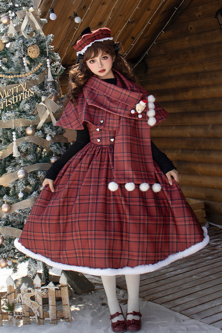 Red Striped Plaid Print Fall Winter Fishbone Sweet Corset Lolita Dress 2 Versions