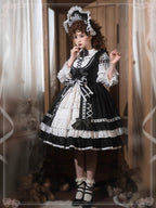 Sweet Lolita Black White Sleeveless Layer Ruffle Bow Lace JSK Dress