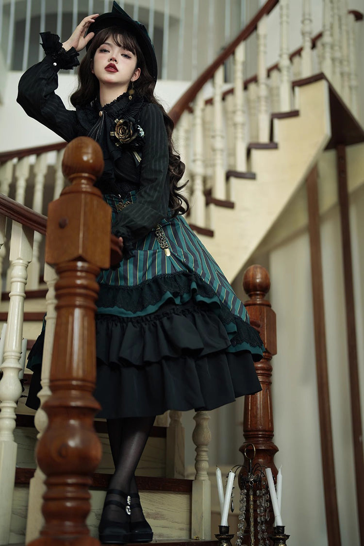 Point Manor Multi-layer Striped Print Ruffle Vintage Elegant Gothic Lolita Skirt 4 Colors