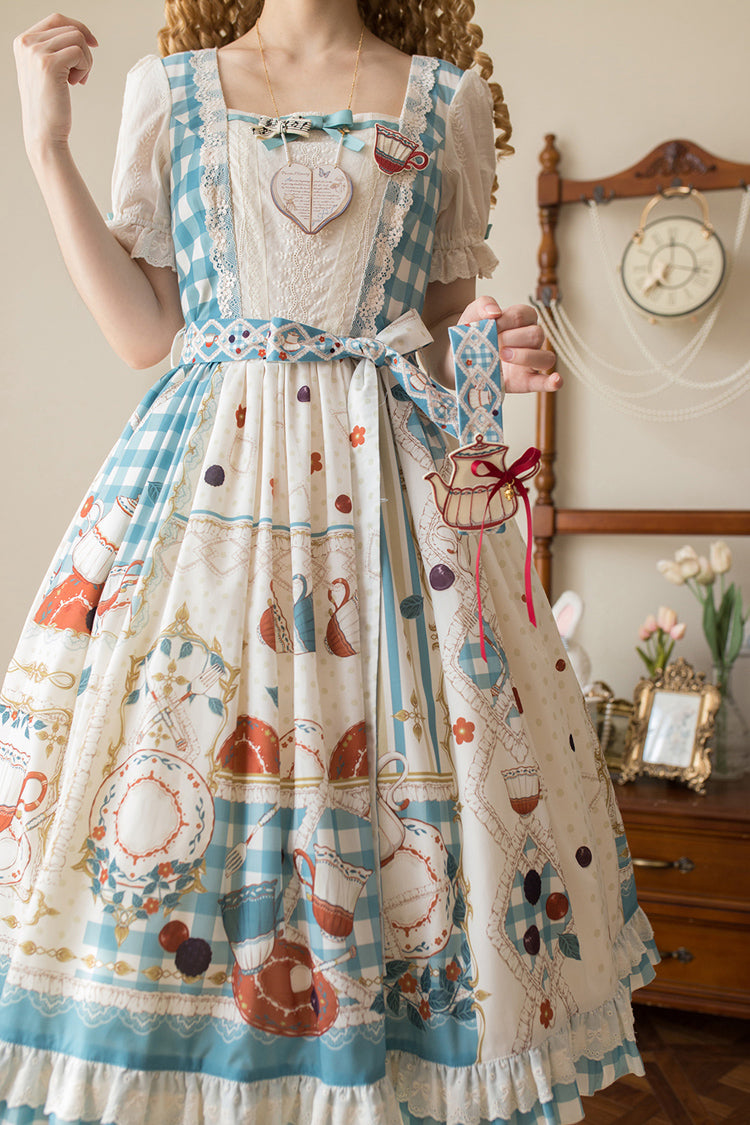 Blue/Green Tea Party Short Sleeves Print Ruffle Bowknot Lace Sweet Elegant Lolita Dress