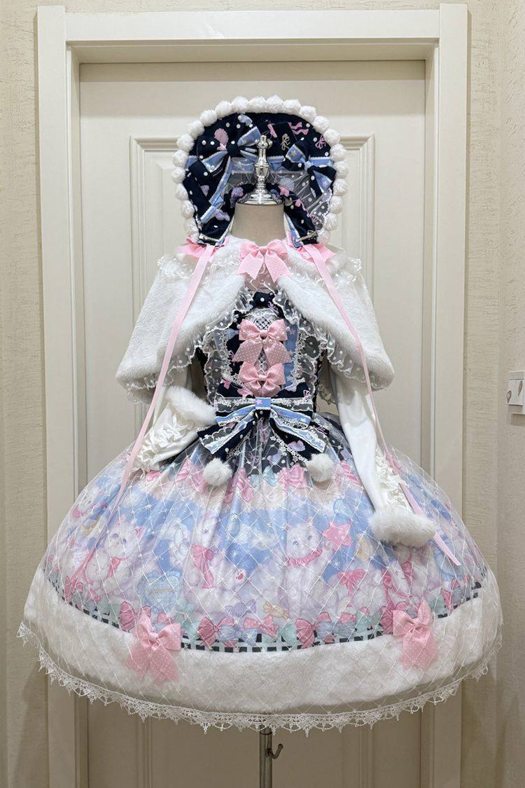 Dark Blue Candy Mary Cat Printed Ruffled Embroidered Bow Lace Sweet Lolita Jsk Dress