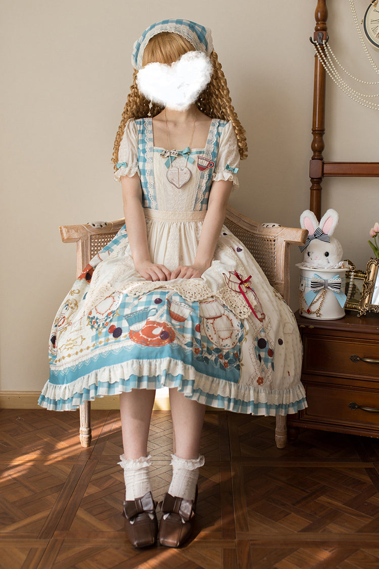 Blue/Green Tea Party Short Sleeves Print Ruffle Bowknot Lace Sweet Elegant Lolita Dress