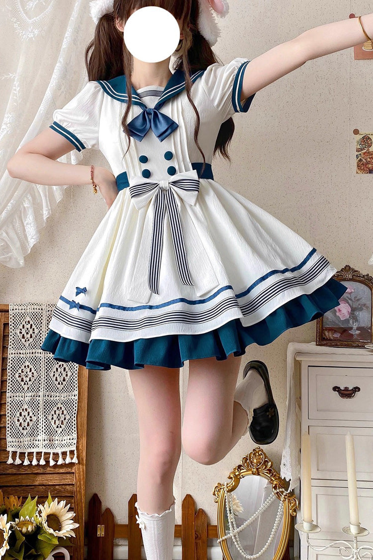 White/Green Navy Collar Short Sleeves Ruffle Bowknot Sweet Lolita Dress