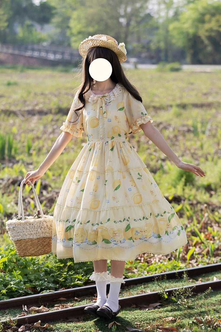 Yellow Lemon Chicken Short Sleeves Print Ruffle Bowknot Lace Daily Sweet Lolita Dress