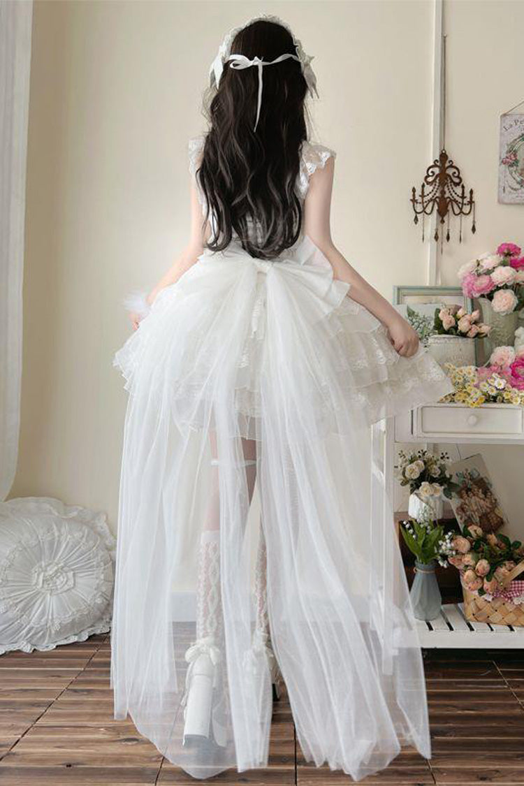 White From Broken Wings to Rebirth Sleeveless Multi-Layered Ruffle Bowknot Lace-Up Gothic Ballet Lolita Jsk Dress