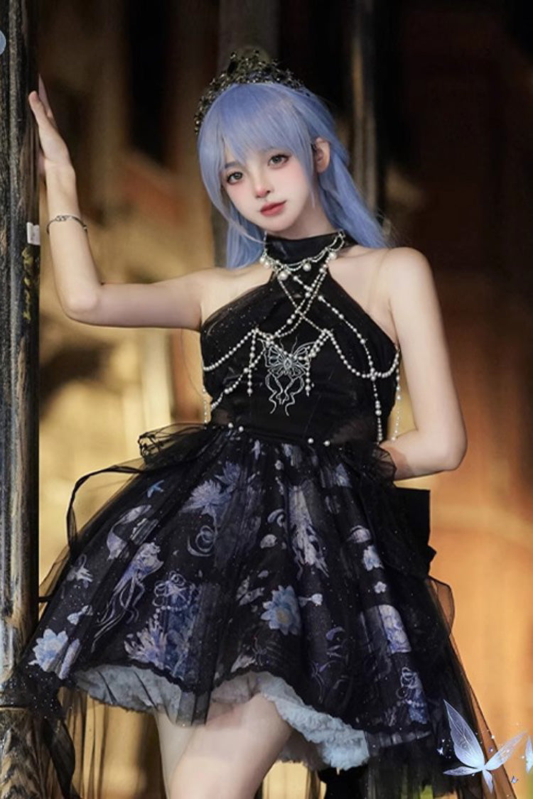 Blue Deep Sea Jellyfish Halterneck Sleeveless Print Embroidery Bowknot Lace Sweet Elegant Lolita Jsk Dress