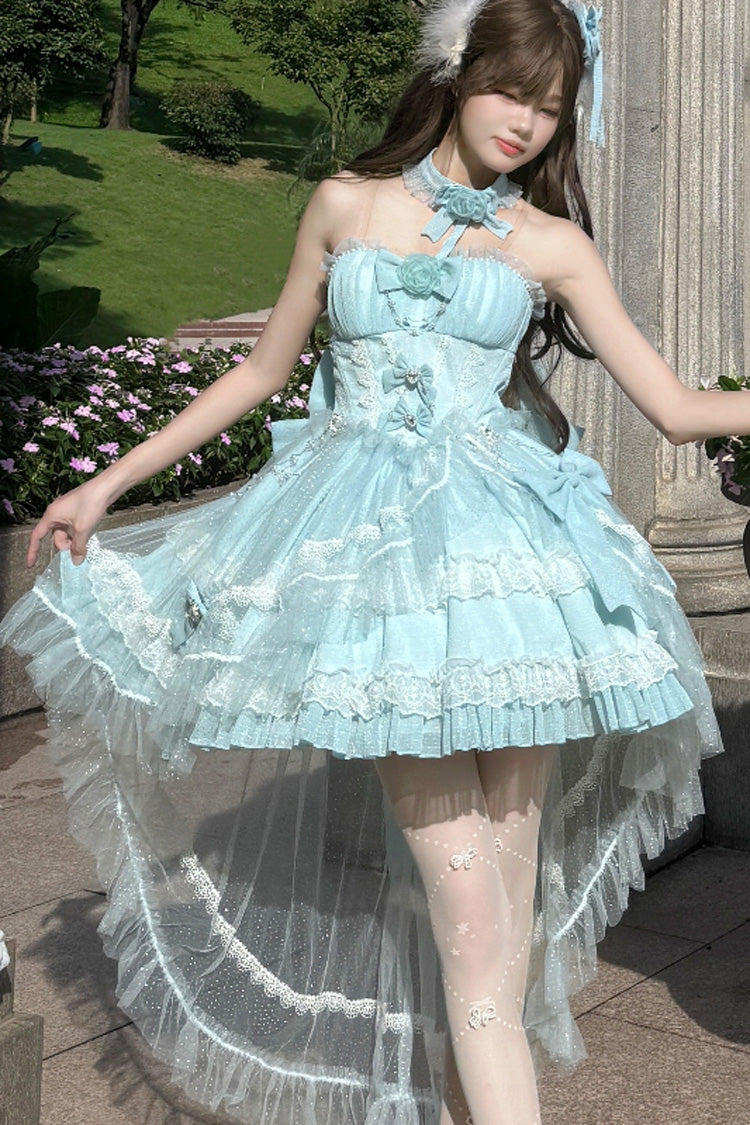 Blue Galaxy Flower Language Multi-Layered Ruffle Bowknot Sweet Lolita Tube Top Dress