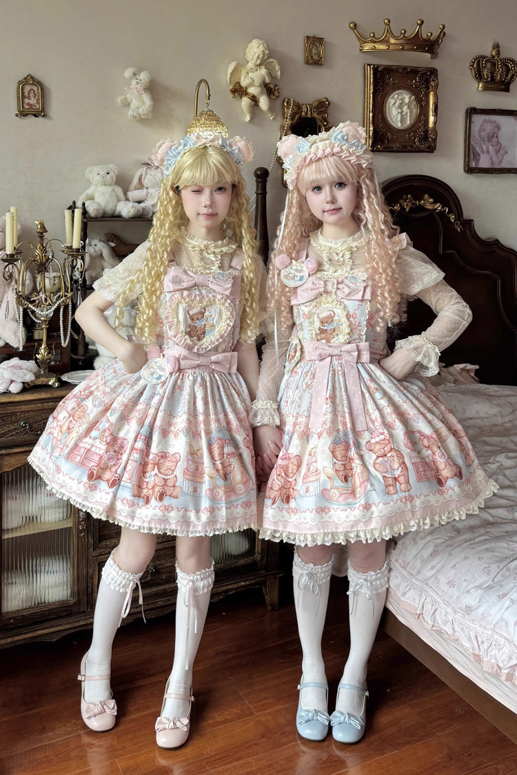 Bear Anniversary Celebration Sleeveless Printed Ruffled Bow Sweet Lolita Jsk Dress 2 Colors