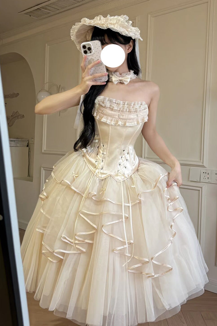 Ivory The Summer Waves Sparkle Square Collar Sleeveless Multi-Layered Ruffled Bow Lace-Up Slim Sweet Lolita Skirt Set