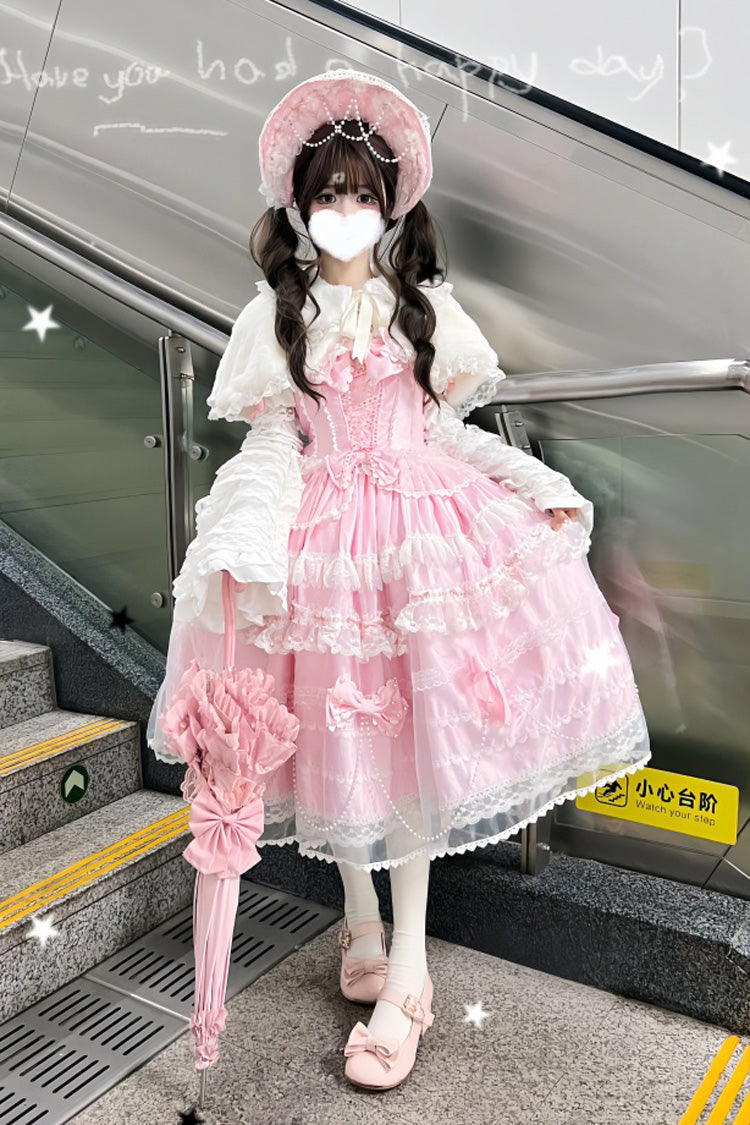 Showa Girl Sleeveless Triple-Layered Ruffle Bowknot Lace Pearl Sweet Japanese Lolita Jsk Long Dress 2 Colors