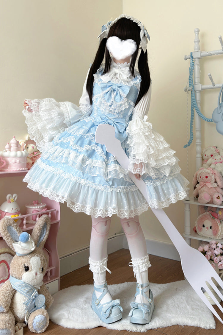 Blue Love and Heart Flutter Sleeveless Multi-Layered Ruffle Bowknot Lace Pearl Sweet Lolita Jsk Dress