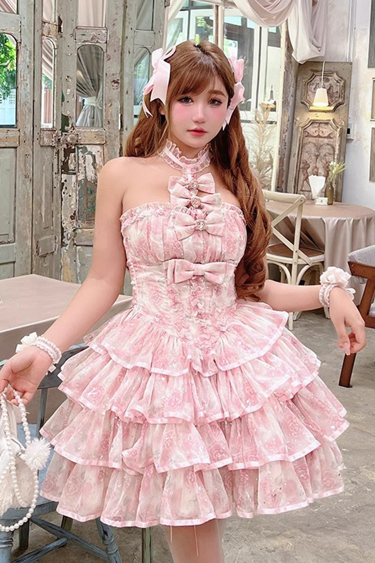Pink Broken Silver Rose Halterneck Sleeveless Multi-Layered Ruffle Bowknot Sweet Princess Lolita Tiered Dress