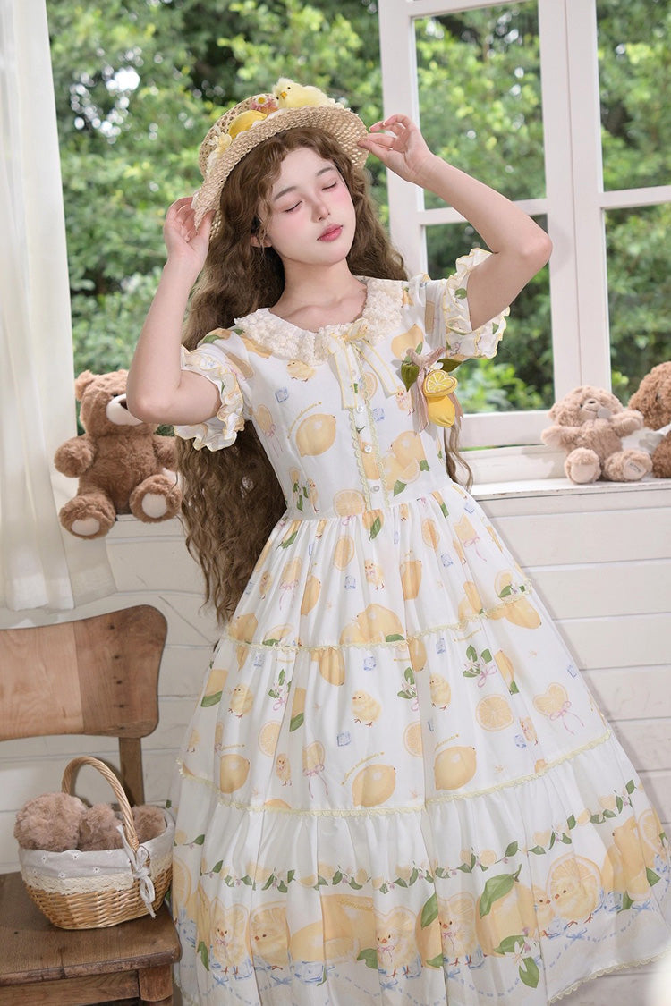 White Lemon Chicken Short Sleeves Print Ruffle Bowknot Lace Daily Sweet Lolita Dress