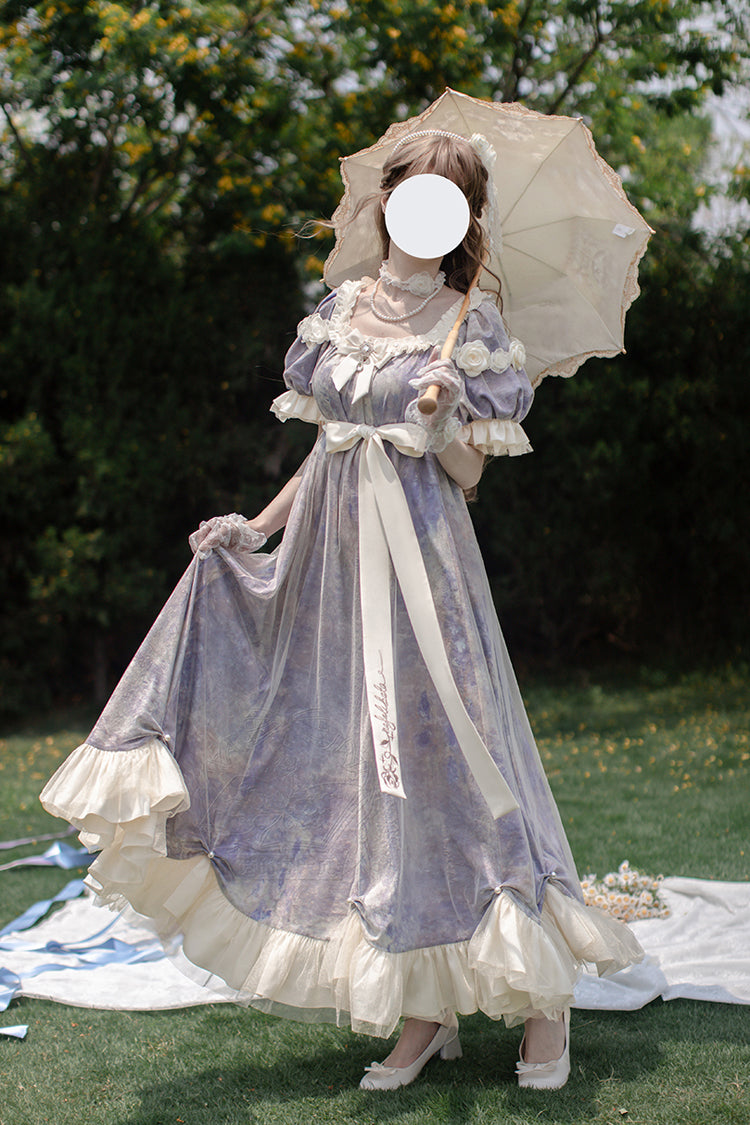 Purple Oil Painting Sun and Moon Poem Short Sleeves Print Ruffle Bowknot Sweet Princess Lolita Dress