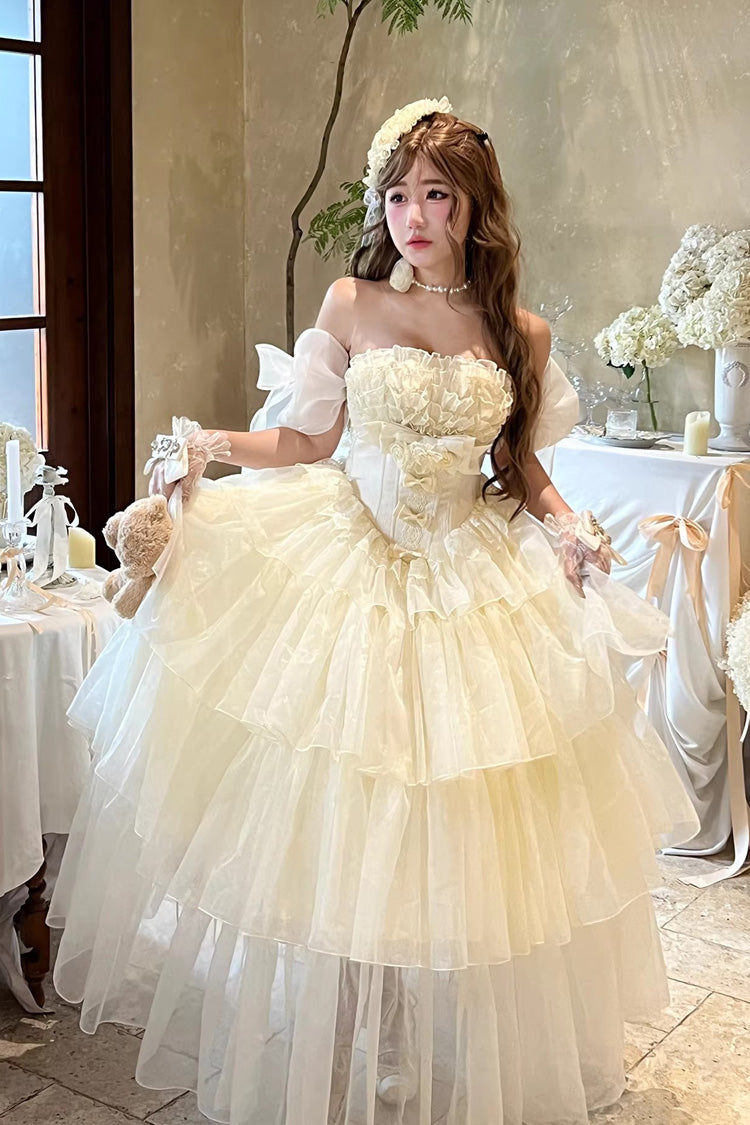 Beige Mousse Serenade Triple-Layered Ruffled Hanayome Bow Lace Sweet Princess Lolita Strapless Dress