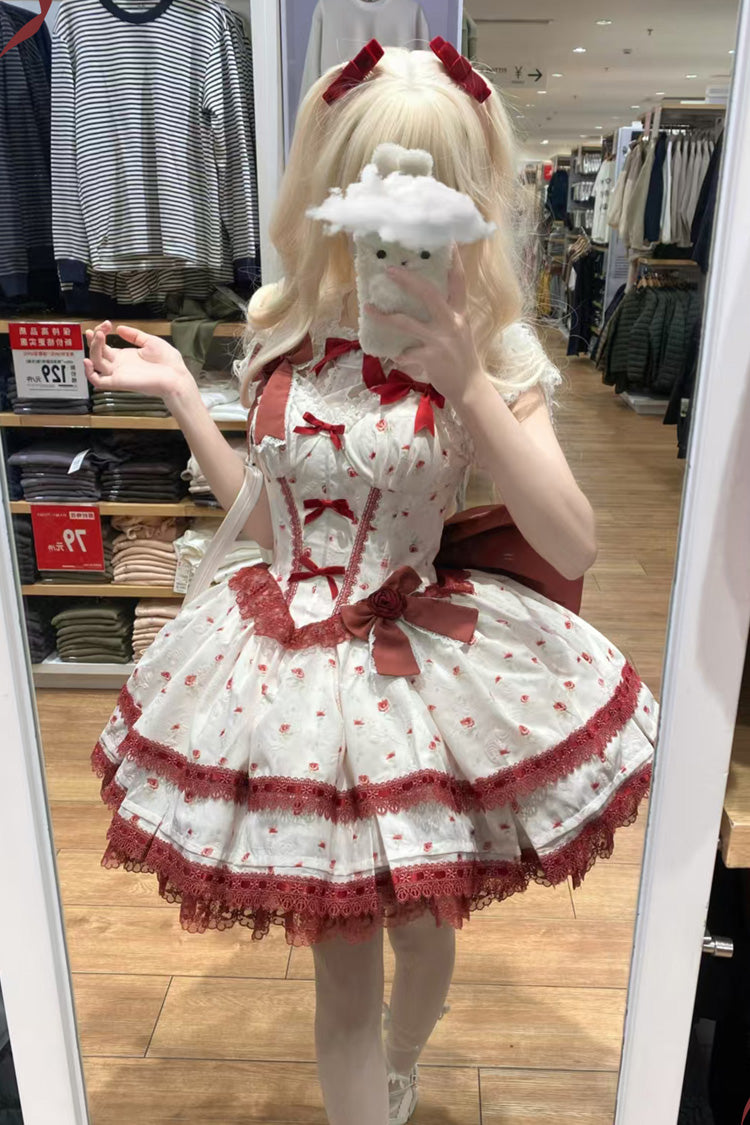 Wine Red First Love Rose Multi-Layered Print Ruffle Bowknot Lace Sweet Lolita Jsk Dress Set
