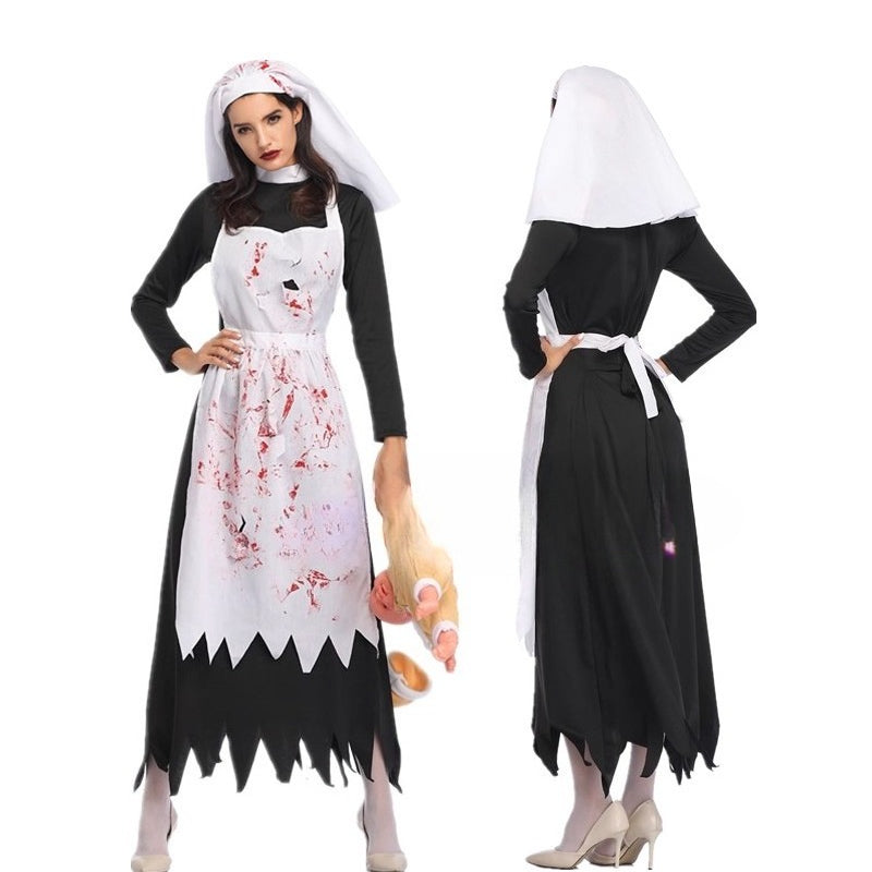 Gothic Lolita Halloween Black and White Vampire Nun Costume for Women Scary Bloody Long Dress