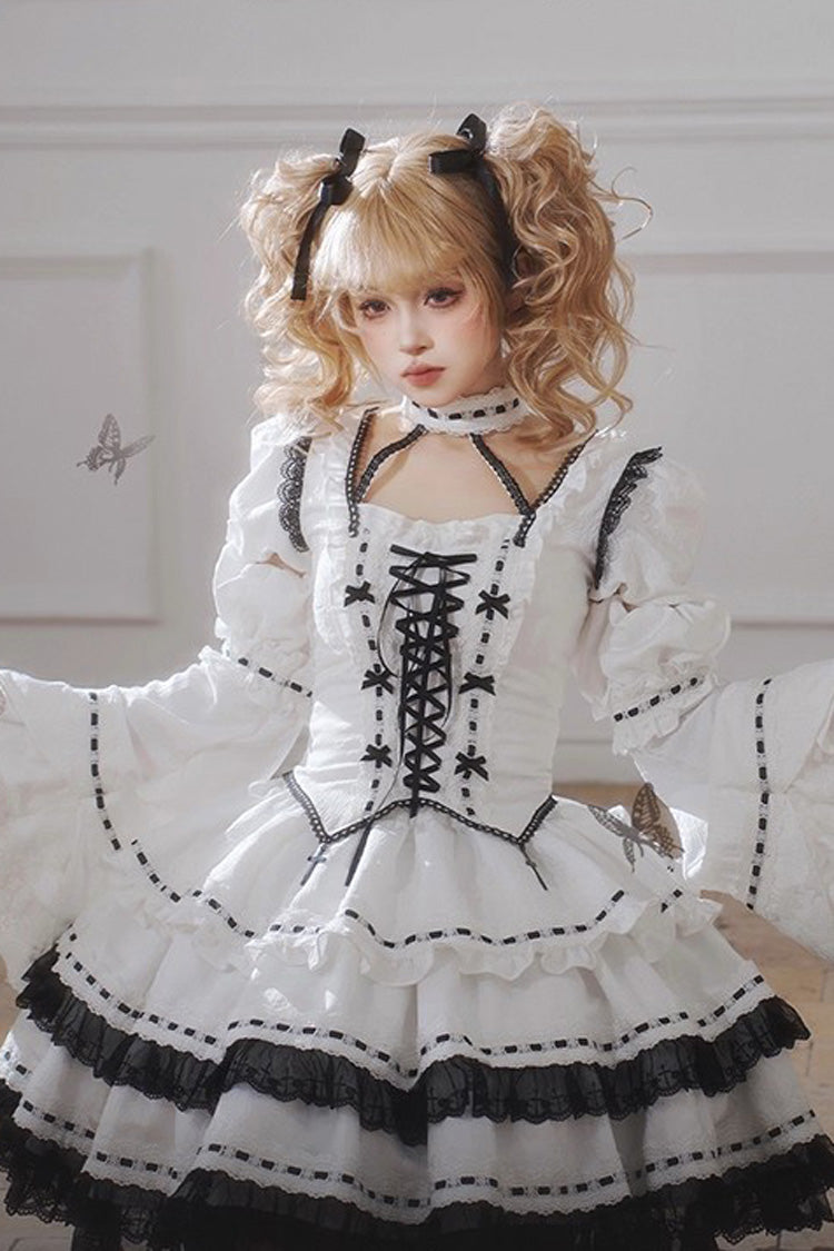 White Witch Long Trumpet Sleeves Double-Layered Ruffle Bowknot Lace-Up Gothic Lolita Skirt Dress Set