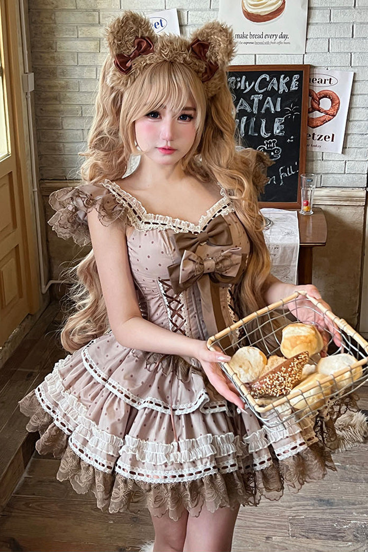 Brown Coco Ballet Sleeveless Double-Layered Bow Lace Lace-Up Sweet Princess Ballet Lolita Jsk Dress