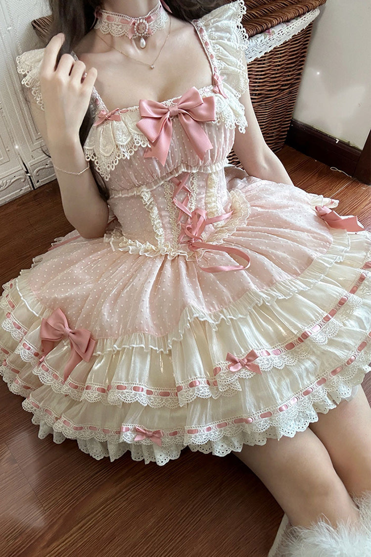 Pink Flory Butterfly Double-Layered Ruffle Bowknot Lace Lace-Up Sweet Ballet Lolita Jsk Dress