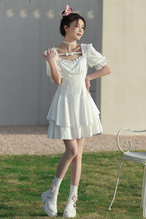 White Ruffled Square Collar Bubble Short Sleeves Double Layer Embossed Fabric Sweet Lolita Dress
