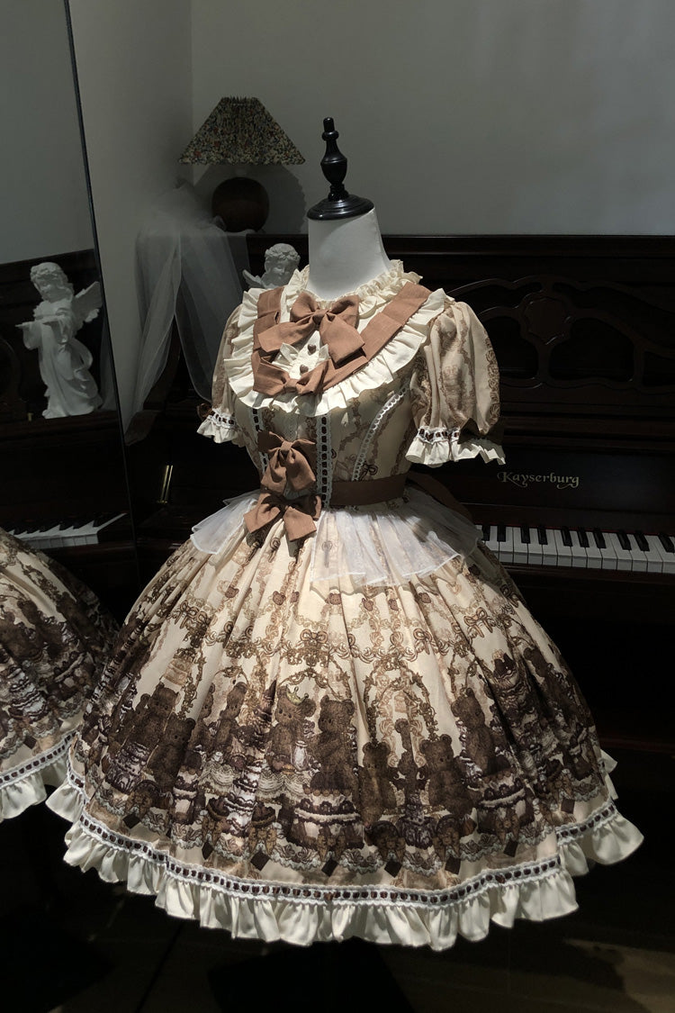 Brown Teddy Bear Party Round Collar Short Sleeves Printed Ruffled Bow Daily Sweet Lolita Dress