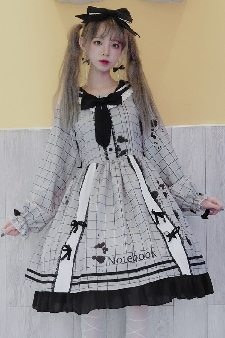 Grey College Style Navy Collar Plaid Leaking Ink Pen Print Ruffled Sweet Lolita Op Dress