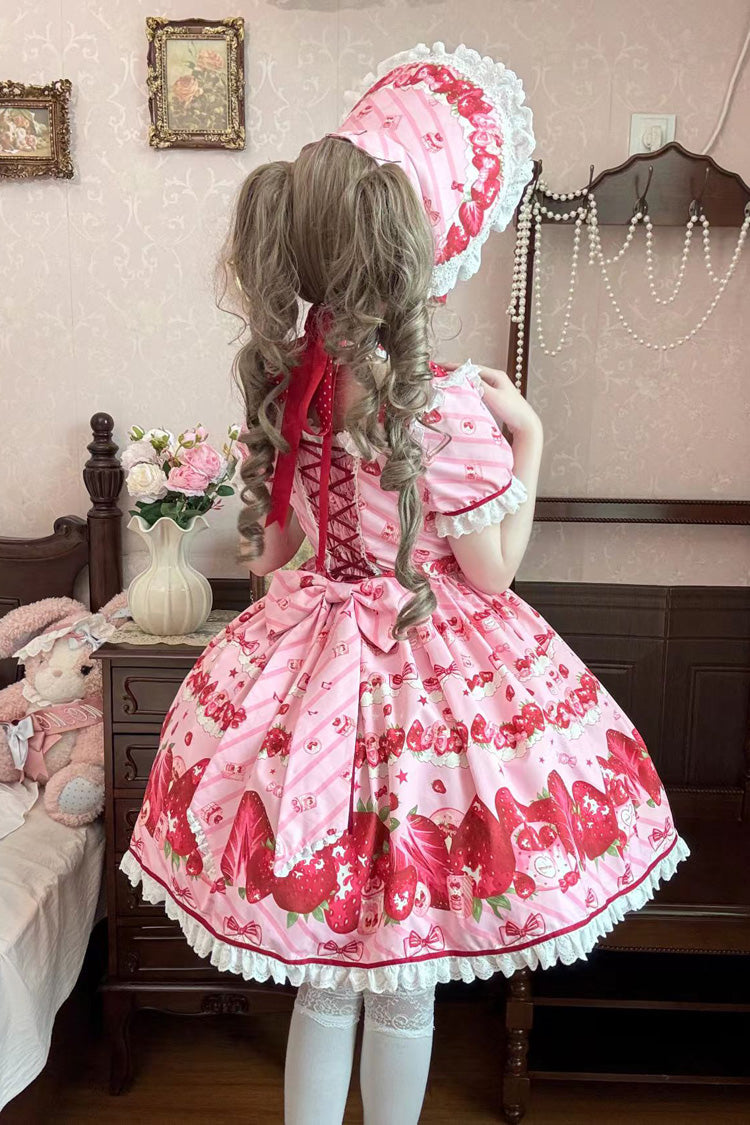 Pink Strawberry Gift Box Short Sleeves Print Ruffle Bowknot Lace Sweet Lolita Dress