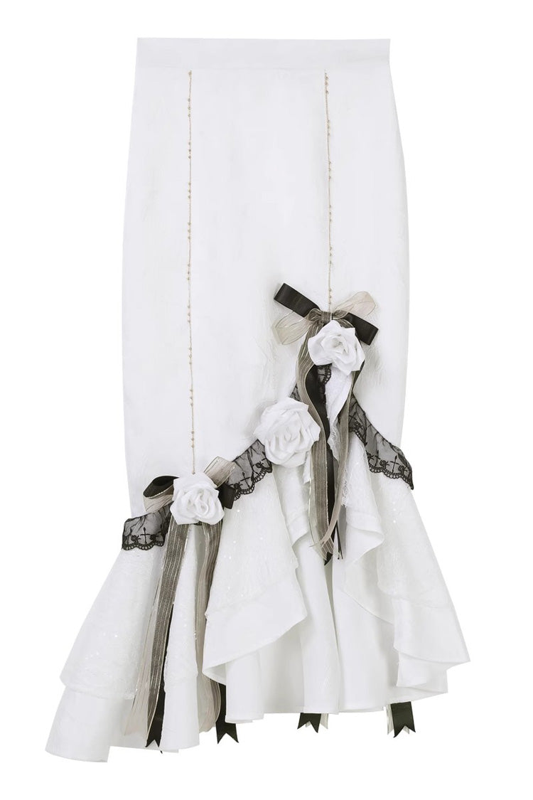 White Star Gate Palace Style Ruffle Bowknot Gothic Lolita Fishtail Skirt 2 Versions