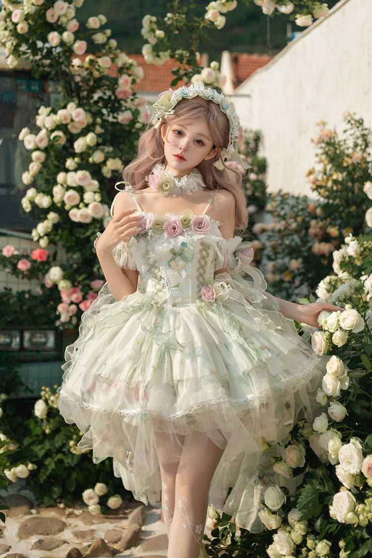 Green Spring Rose Sleeveless Multi-Layered Bowknot Lace-Up Fishbone Sweet Lolita Jsk Dress