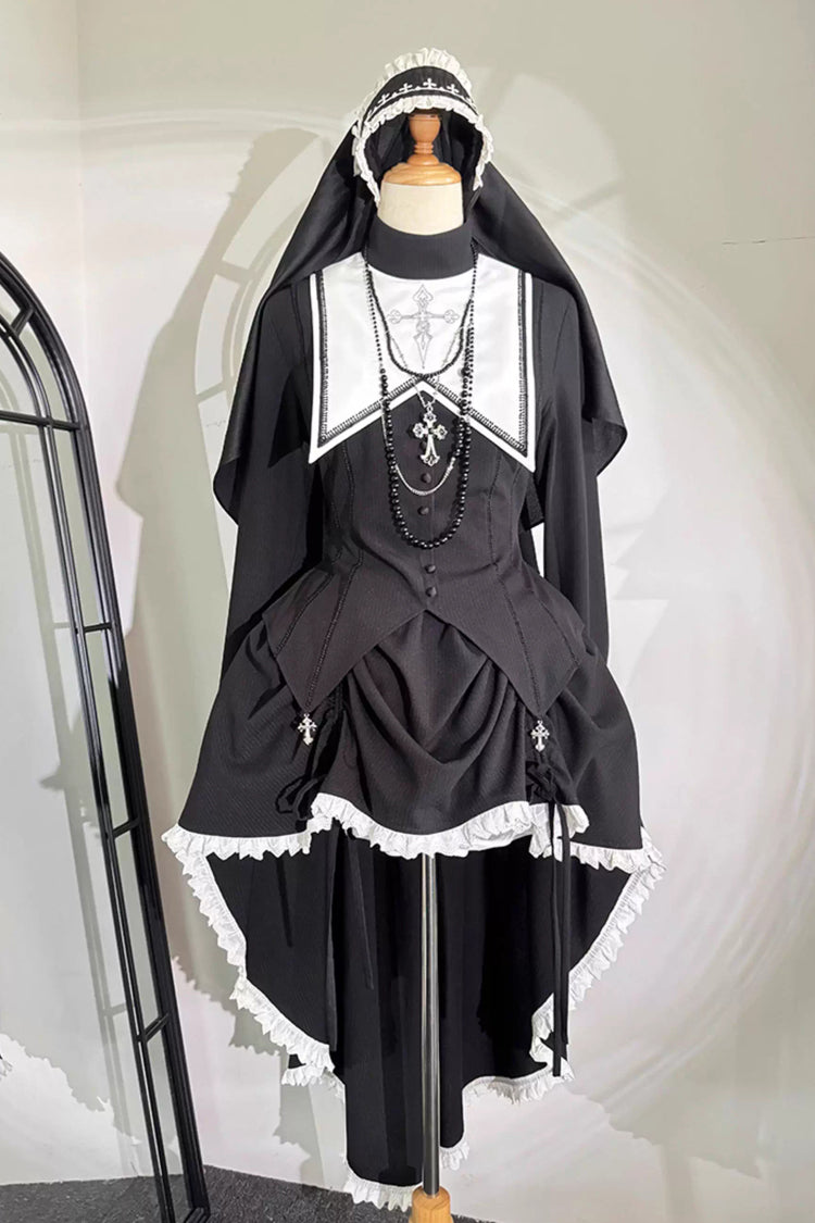 Black/White Peace Prayer Long Sleeves Ruffle Bowknot Asymmetric Gothic Lolita Skirt Set