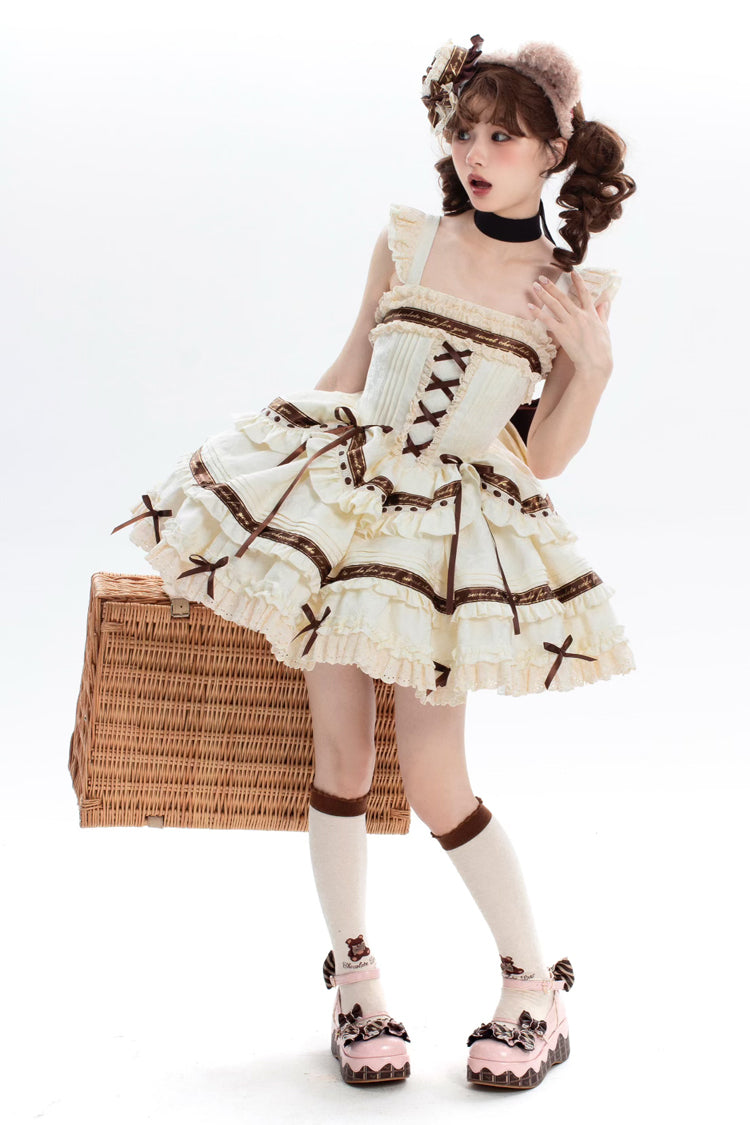 Ivory Chocolate Sleeveless Double-Layered Ruffle Bowknot Sweet Plus Size Lolita Jsk Dress