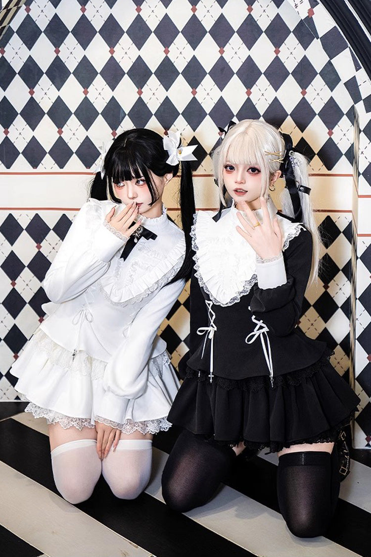 White Long Sleeves Ruffle Lace-Up Sweet Handsome Lolita Dress