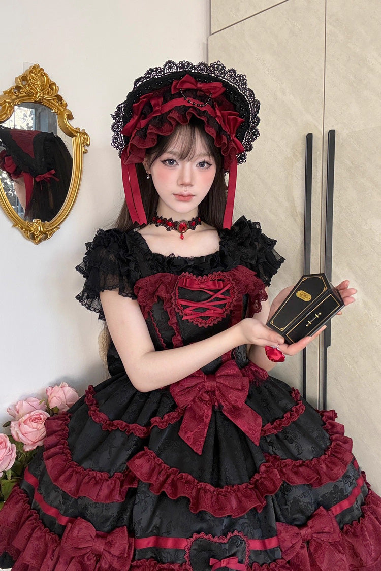 Black/Red Super Cute Belia Sleeveless Triple-Layered Ruffle Bowknot Lace Gothic Elegant Lolita Jsk Dress