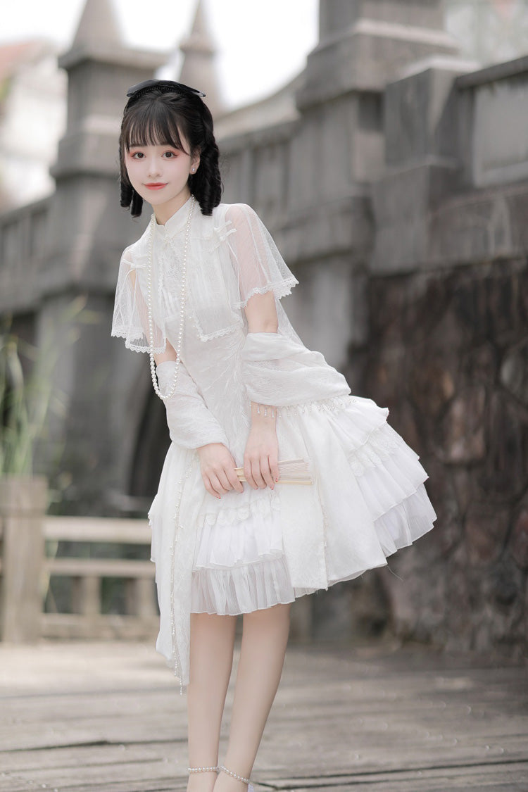 White Stand Collar Ruffle Chinese Qi Shawl Sweet Lolita Dress