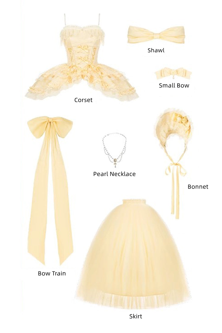 Yellow Sissi's Pilgrimage Off Shoulder Ruffle Bowknot Lace Sweet Lolita Skirt (Long Version)