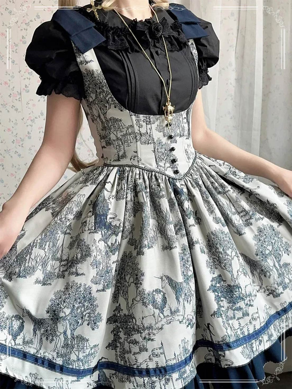 Classic Lolita Dress Toile Print JSK & Blouse - Vintage Navy Blue Palette