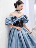 Princess Ball Gown Satin Evening Gown - Dusty Blue & Black Formal Style