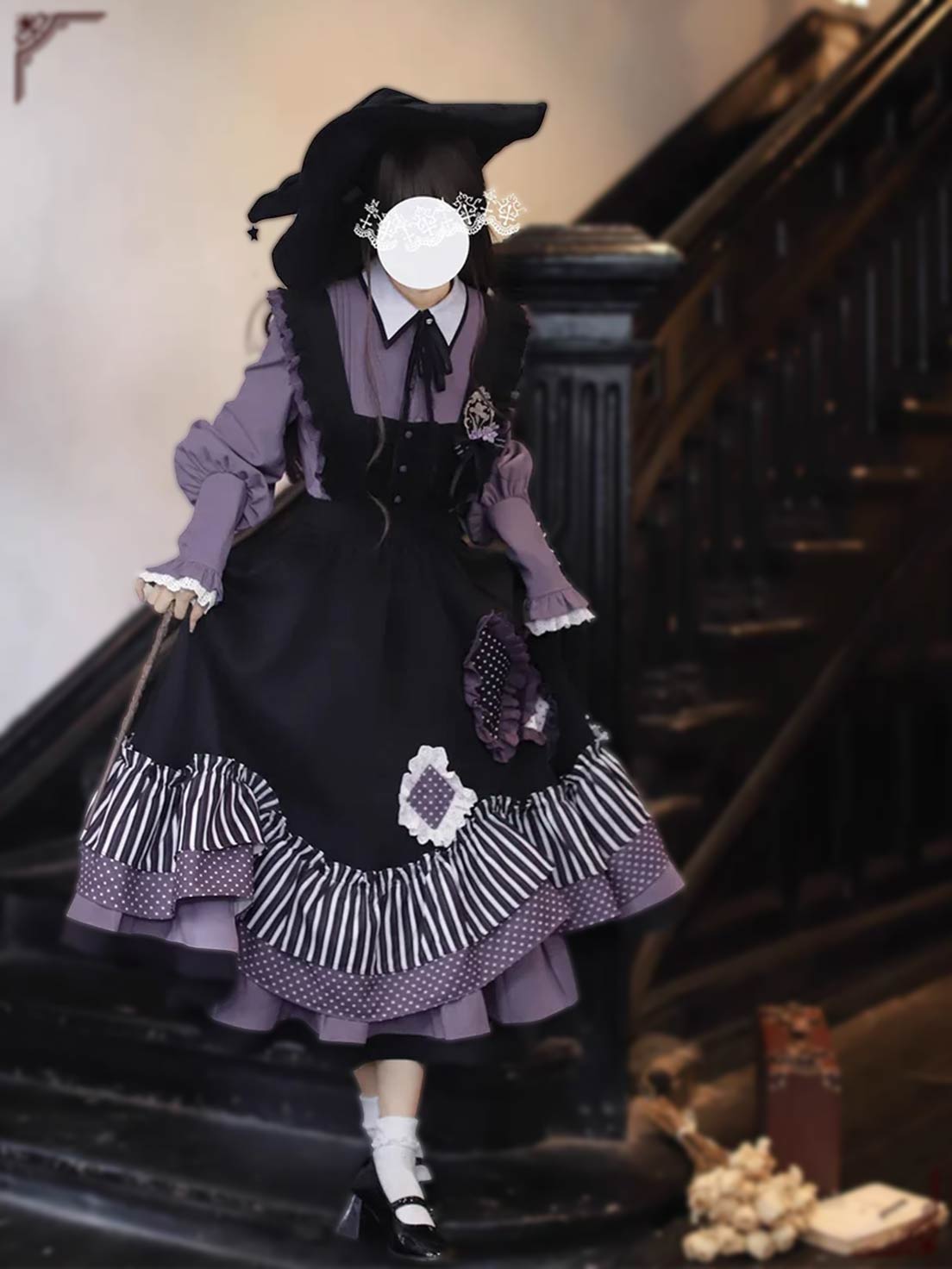 Gothic Lolita JSK and Blouse Set - Witch Academy Purple & Black Style