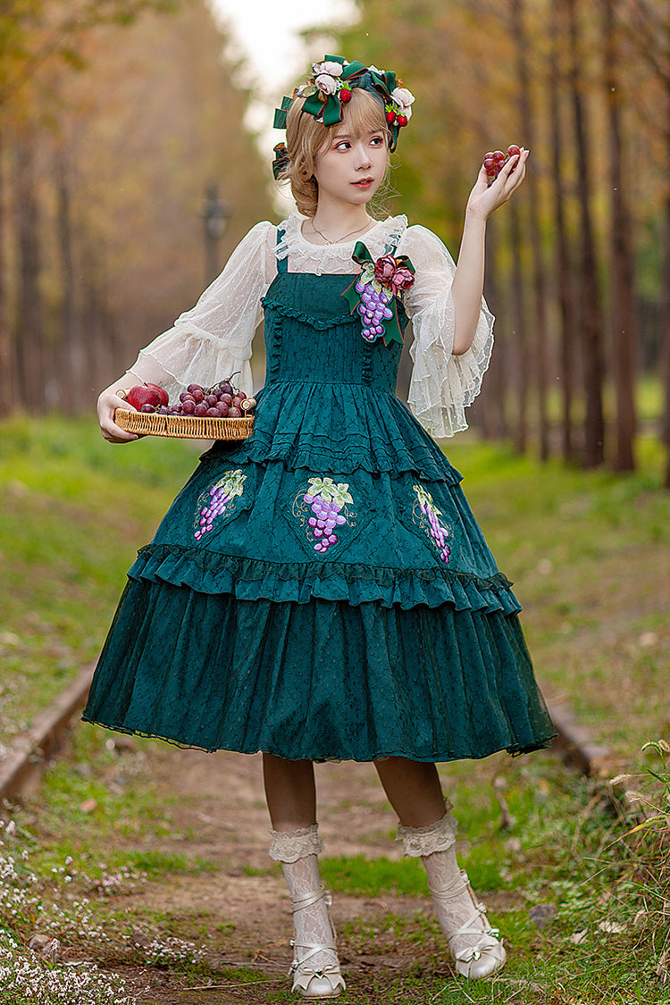 Green Vineyard Sleeveless Jacquard Print Ruffle Embroidery Sweet Lolita Jsk Dress