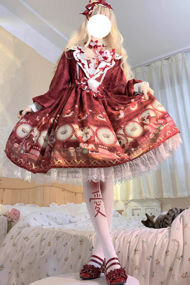 Red Afternoon Fantasia Print Ruffle Bowknot Sweet Lolita Jsk Dress