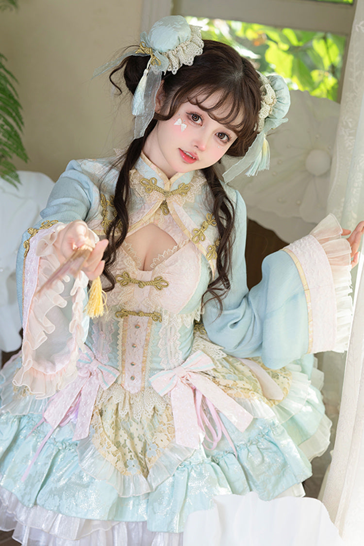 Green White Pear Dream Multi-layer Ruffle Lace Sweet Chinese Style Princess Lolita Jsk Dress