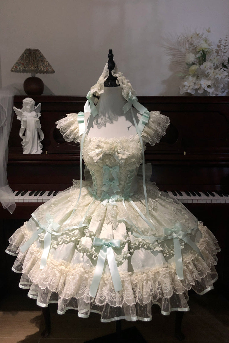 Light Green Dreaming Butterfly Multi-Layered Jacquard Ruffle Bowknot Lace Sweet Princess Lolita Jsk Dress
