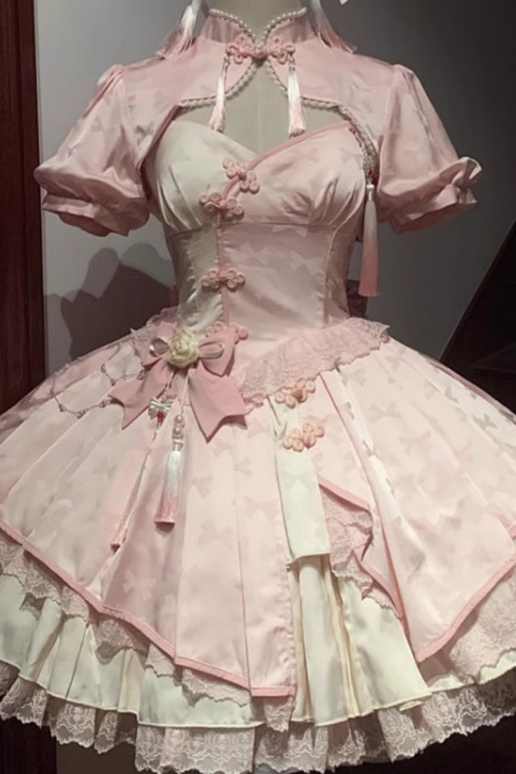 Chinese Style Short Sleeves Print Ruffle Hollow Bowknot Lace Asymmetric Sweet Vintage Lolita Dress 4 Colors