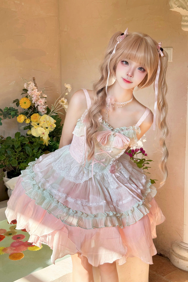 Pink/Green Summer Garden Ruffle Embroidery Bowknot Lace Sweet Lolita Jsk Short Dress