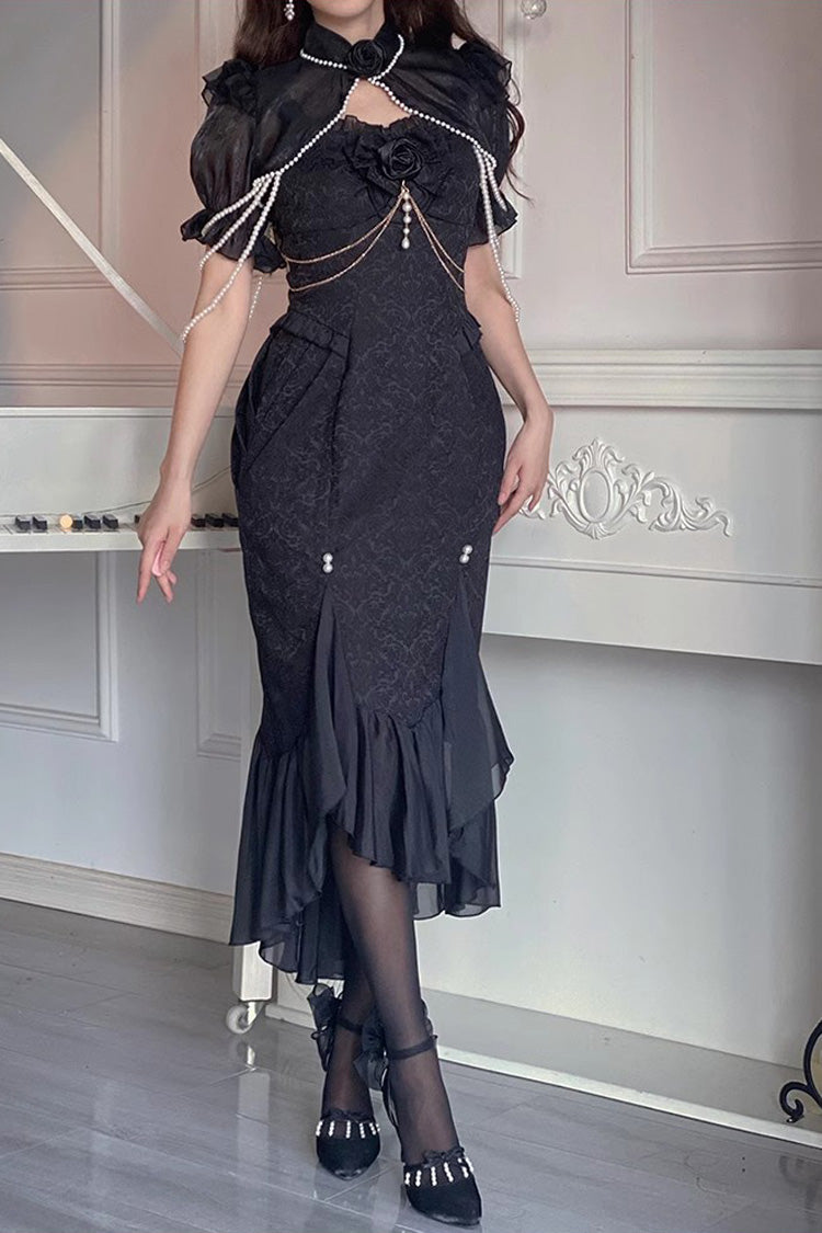 Black Camellia 1.0 Sleeveless Jacquard Ruffle Lace Gothic Chinese Style Lolita Jsk Fishtail Dress