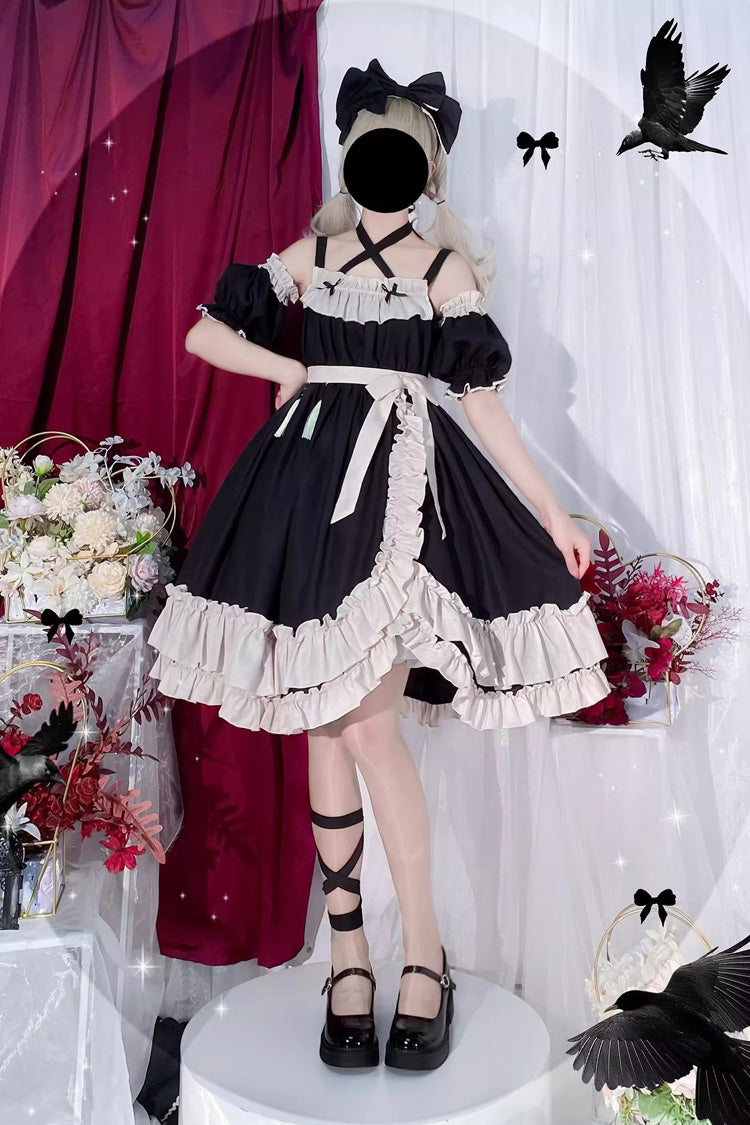 Black Monet Estate Sleeveless High Waisted Ruffle Bowknot Asymmetric Gothic Lolita Jsk Dress