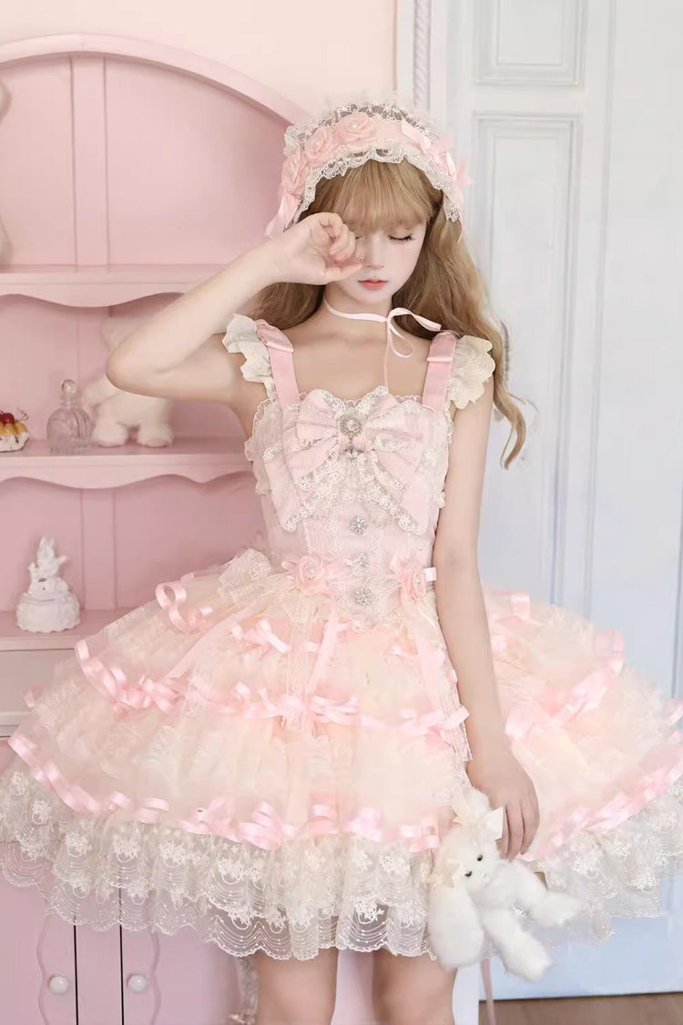 Pink Rose Feather Waltz Sleeveless Triple-Layered Ruffle Bowknot Lace Sweet Ballet Lolita Jsk Dress