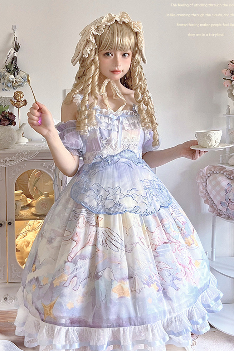 Blue Walking In The Clouds Print Ruffle Bowknot Lace Sweet Lolita Jsk Dress Full Set