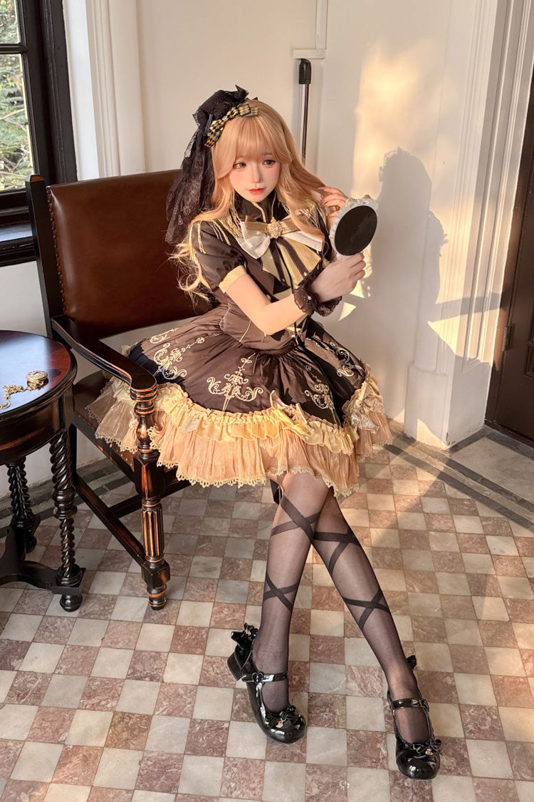 Black Gilded Oath Short Sleeves Double-Layered Ruffle Embroidery Bowknot Gothic Lolita Dress